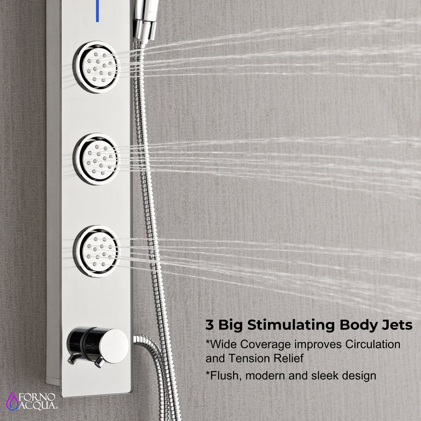 Forno Acqua AcquaSPA Shower Panel with SensoTEMP, Mirrored Stainless Steel Finish, Overhead Rainfall Shower, Handheld Shower Head, Body Jets, 2.5 GPM Flow Rate