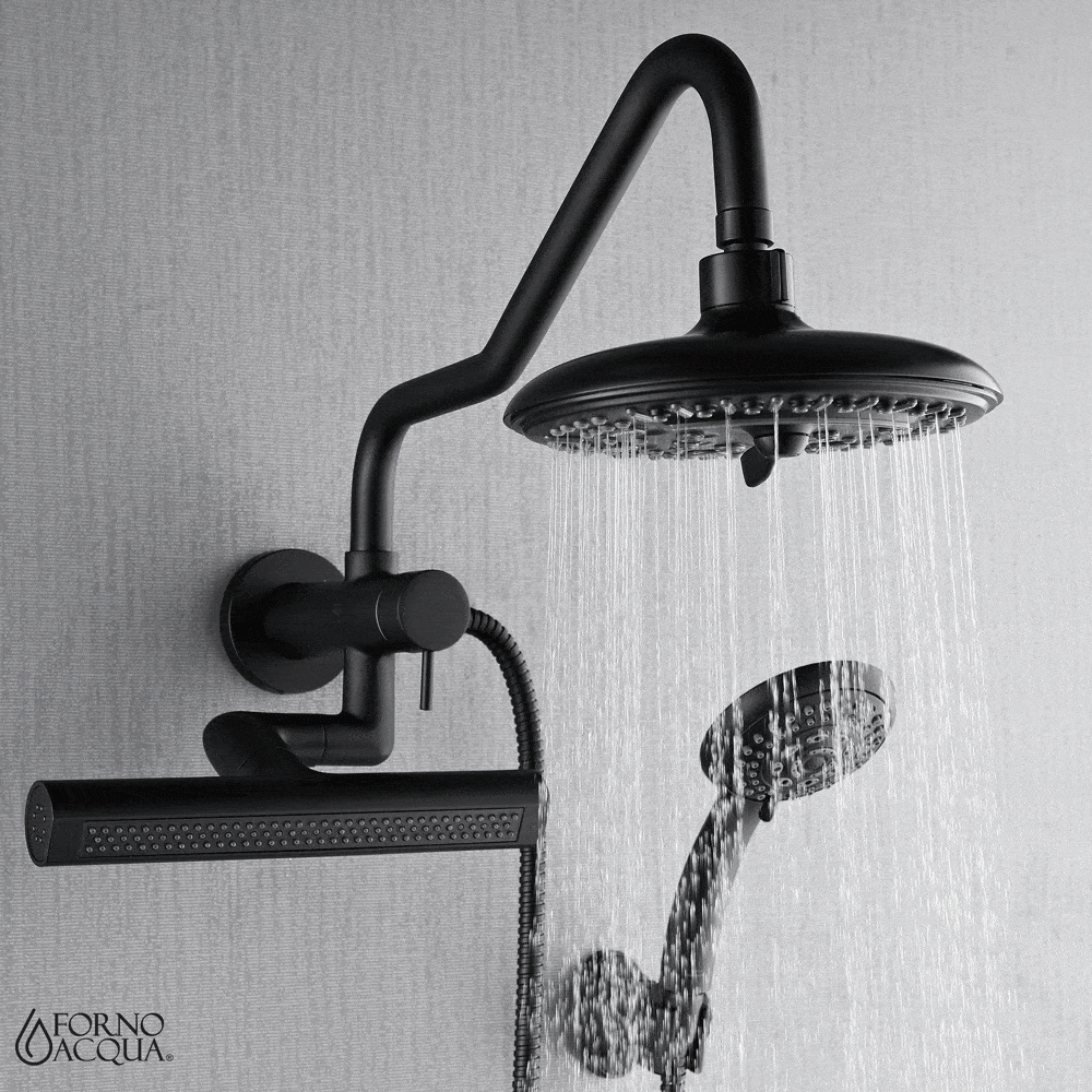 Forno Acqua AcquaFALL Mini 8 Inch Shower Head, Matte Black Finish, Overhead Rainfall Shower, Handheld Shower Head, Body Jets, 2.5 GPM Flow Rate