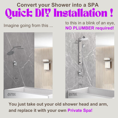 Forno Acqua AcquaSPA Shower Panel with SensoTEMP, Mirrored Stainless Steel Finish, Overhead Rainfall Shower, Handheld Shower Head, Body Jets, 2.5 GPM Flow Rate