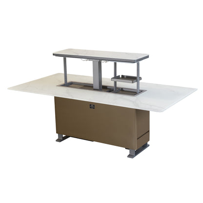 Cinetico Smart Dining Table in White, 5.3 cu.ft fridge and freezer with Bluetooth control
