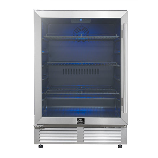 Forno Frescolino 24 Inch Beverage Cooler, Stainless Steel, with LED Lighting, Triple Glass Door, 188 Can Capacity, Built-In or Freestanding