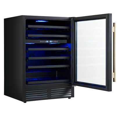 Forno Bacchino 24 Inch Wine Cooler, Black with Antique Brass Handles, with LED Lighting, Triple Glass Door, 51 Bottle Capacity, Built-In or Freestanding