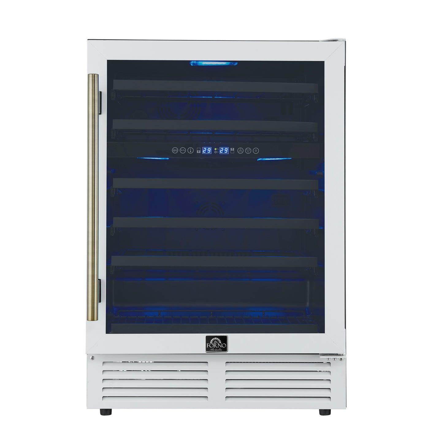 Forno Bacchino 24 Inch Wine Cooler, White with Antique Brass Handles, with LED Lighting, Triple Glass Door, 51 Bottle Capacity, Built-In or Freestanding